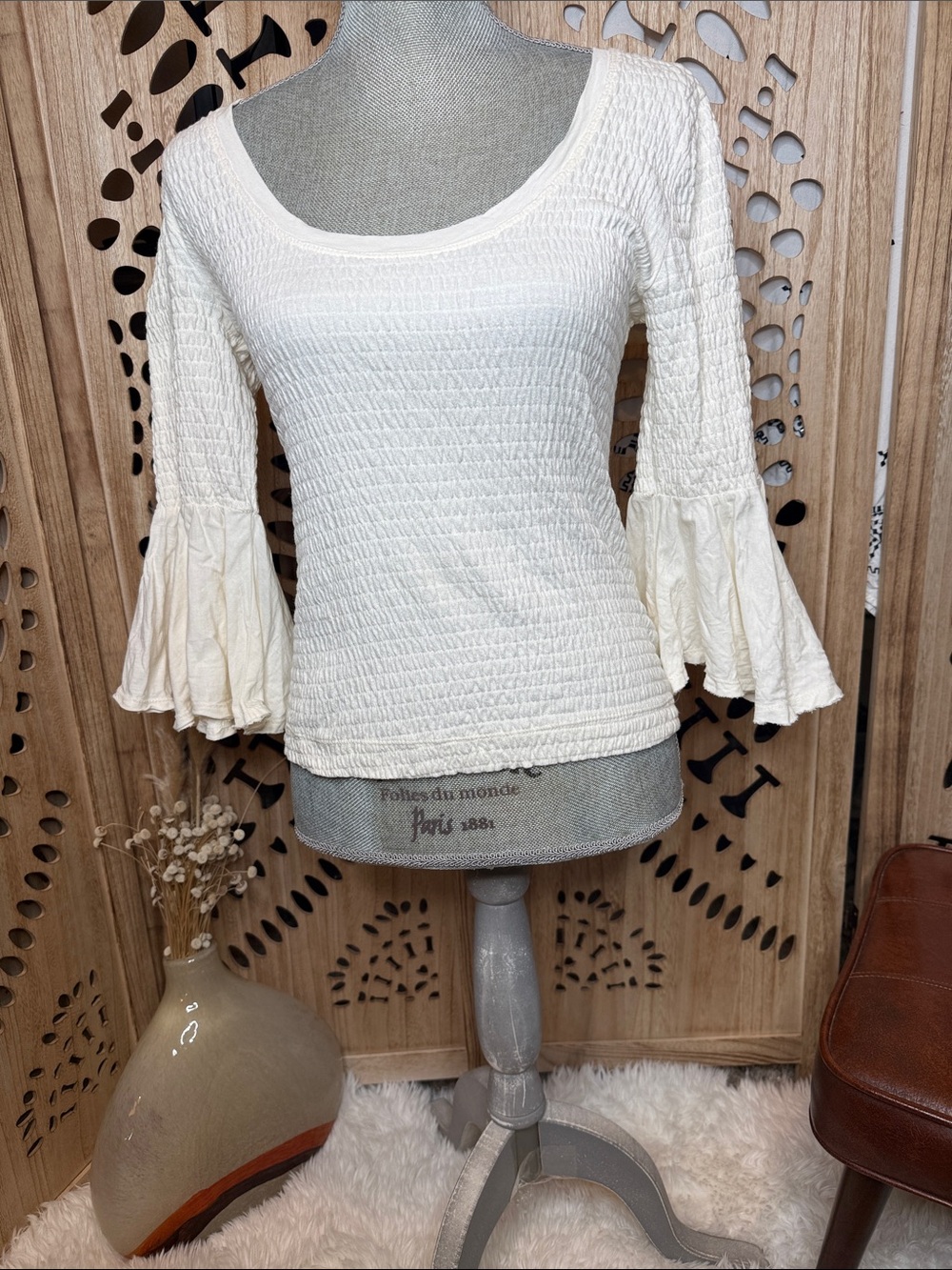 Anthropologie Cream Smocked Bell-Sleeve Scoop Neck Top